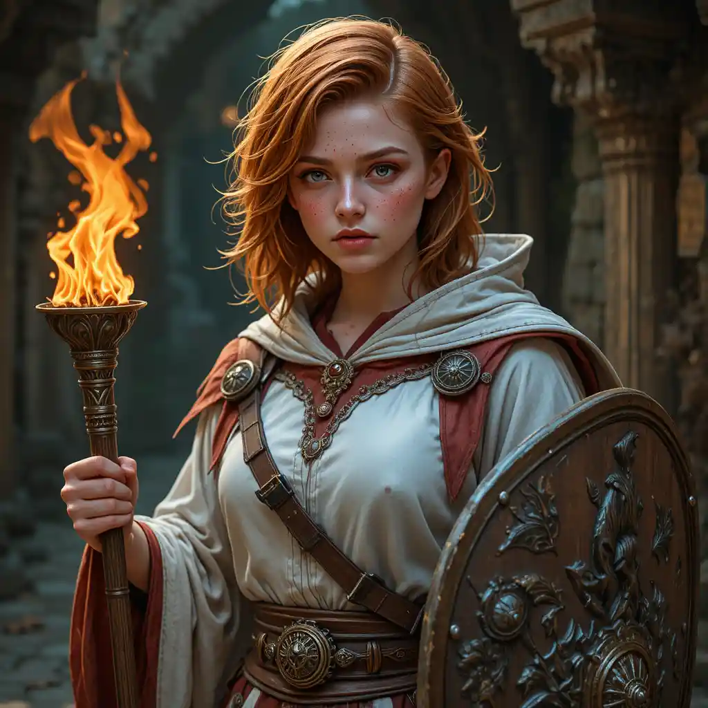 Ginger haired fantasy cleric in white robe with shield