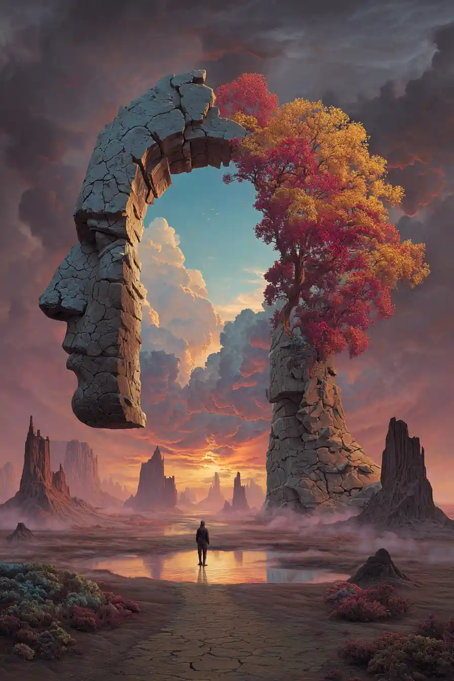 Surreal human shaped archway framing a fiery sunset sky