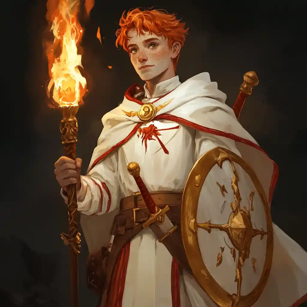 Freckled ginger cleric in white robes holding shield and torch