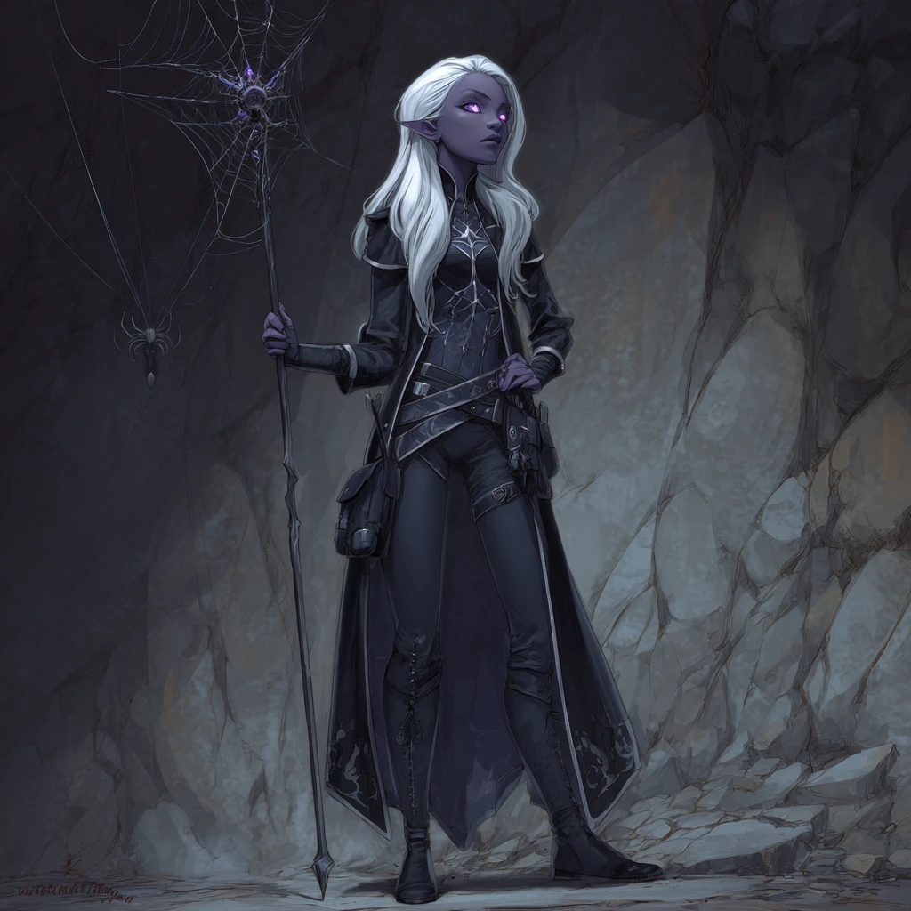 Sorcière elfe noire avec un bâton dans une grotte sombre