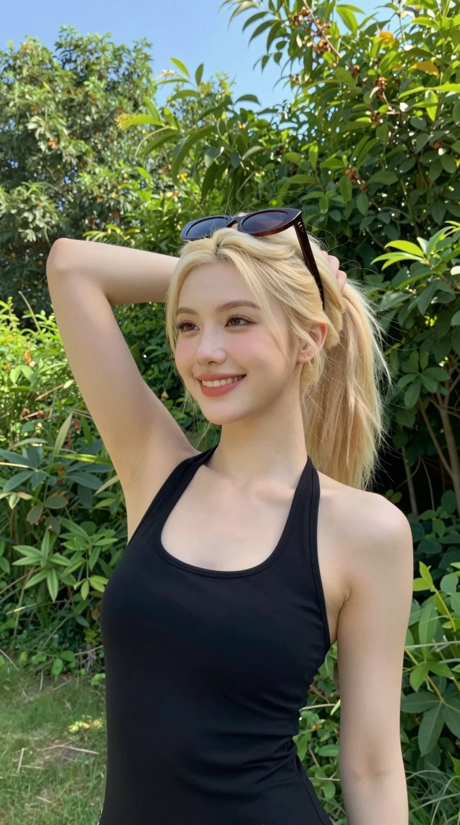 Smiling blonde woman in black halter top in sunny garden