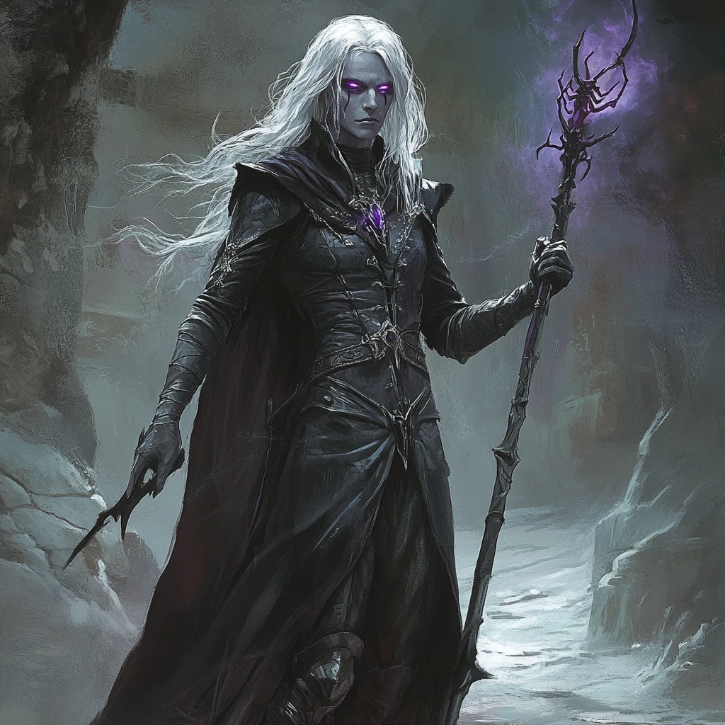 Dark elf sorceress with staff in a shadowy cave