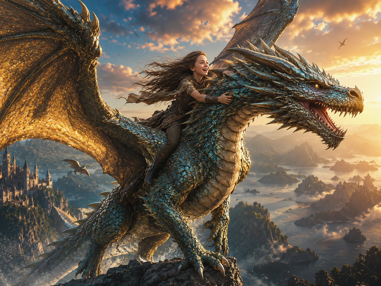 Girl riding a mystical dragon taking flight in fantasy sky