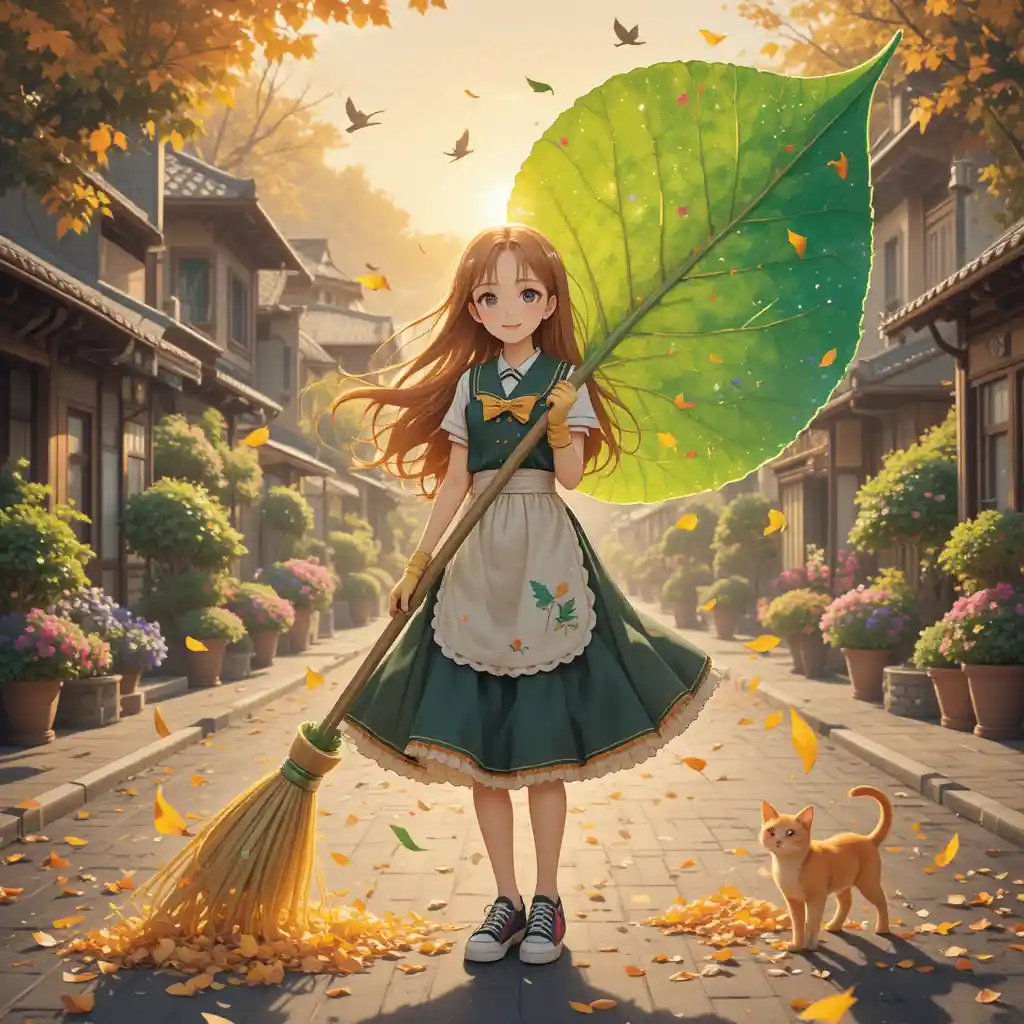 Ragazza anime che spazza una magica strada giapponese all’alba