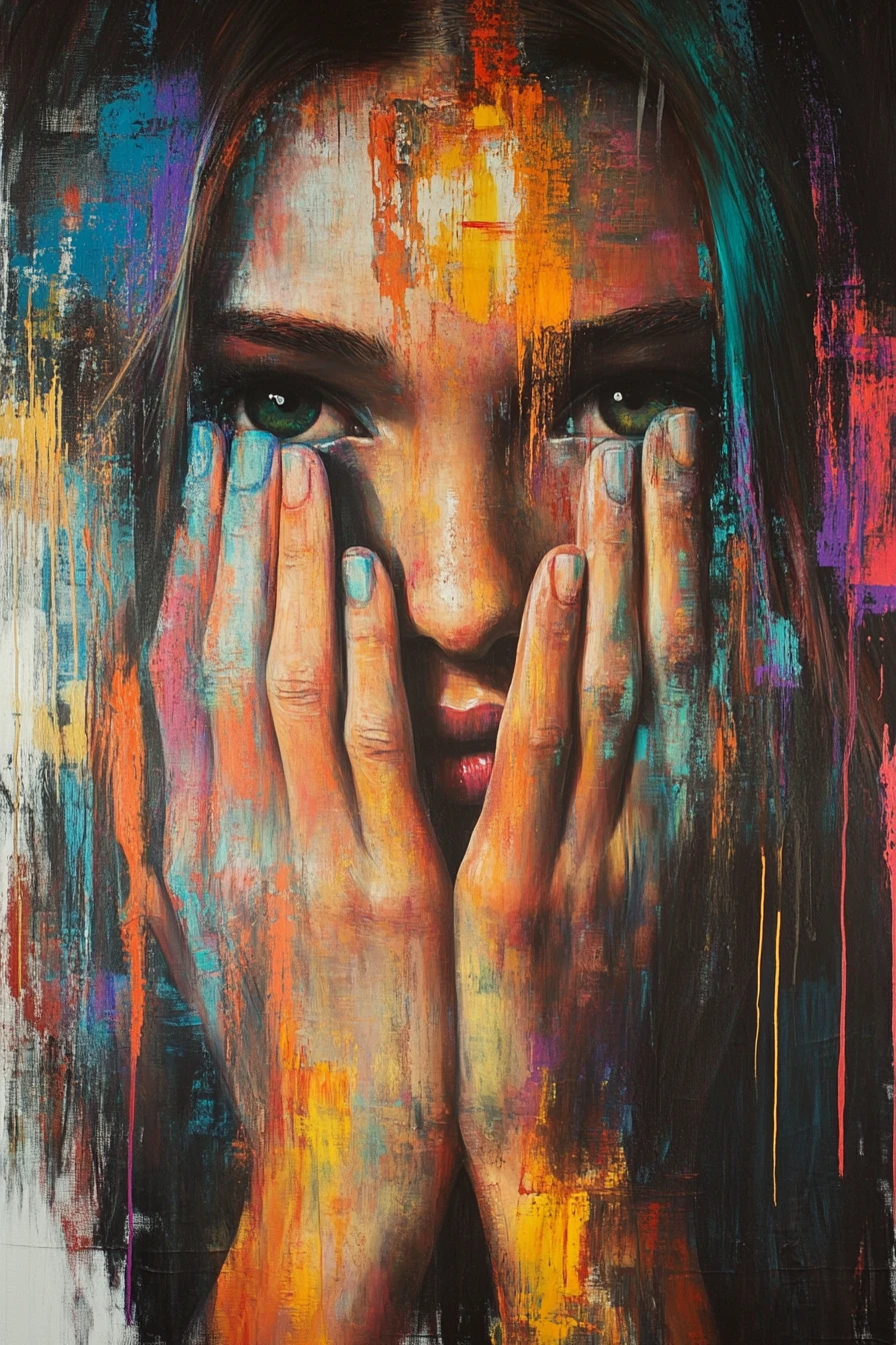 Colorful portrait of a woman consumed by sudden guilt