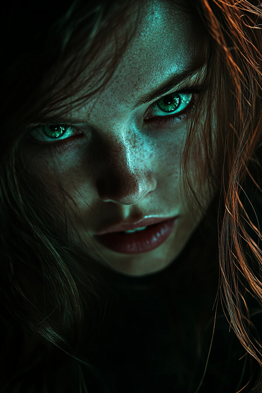 Woman with intense green eyes under dramatic lighting