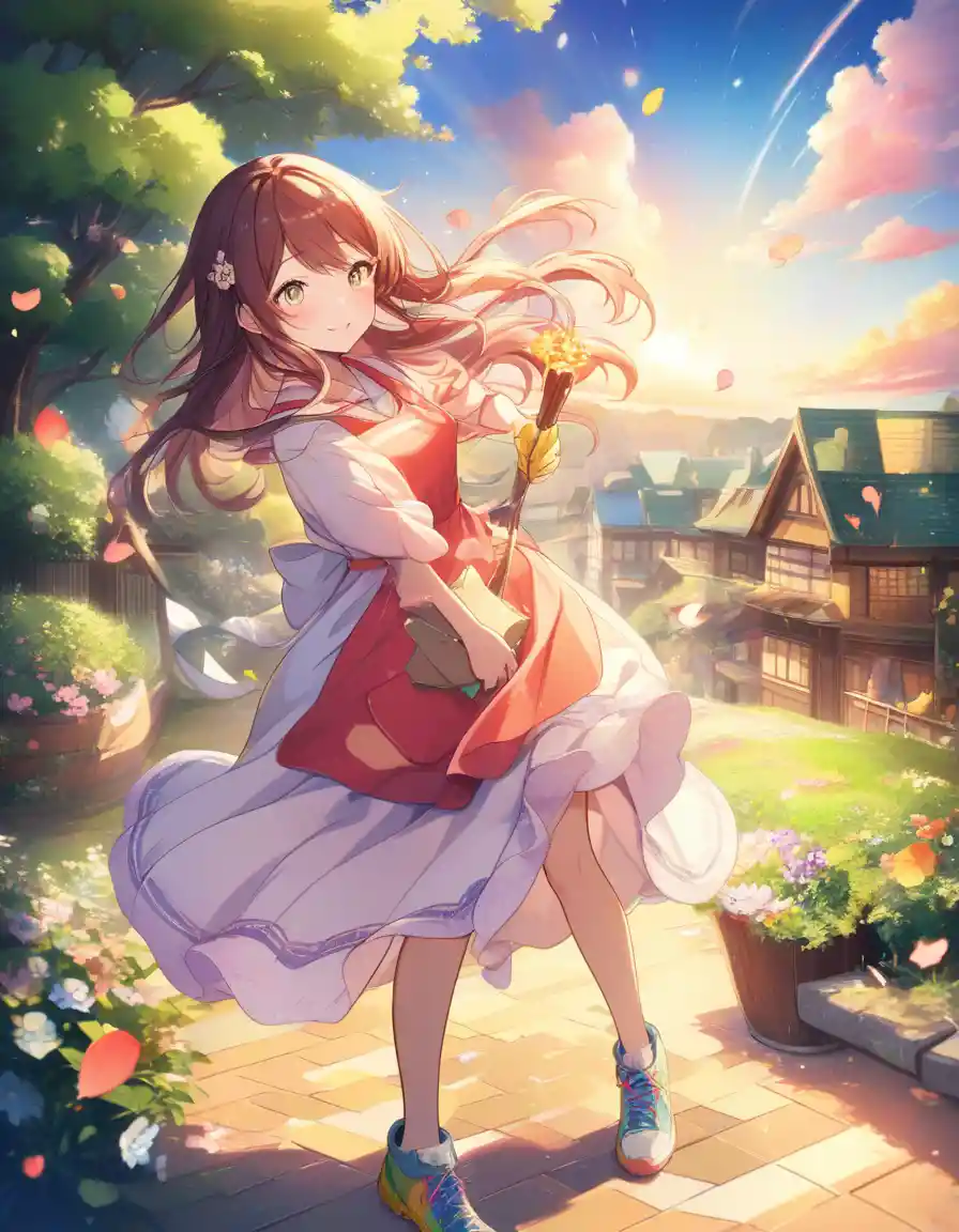 Anime girl sweeping a quiet Japanese street at sunrise