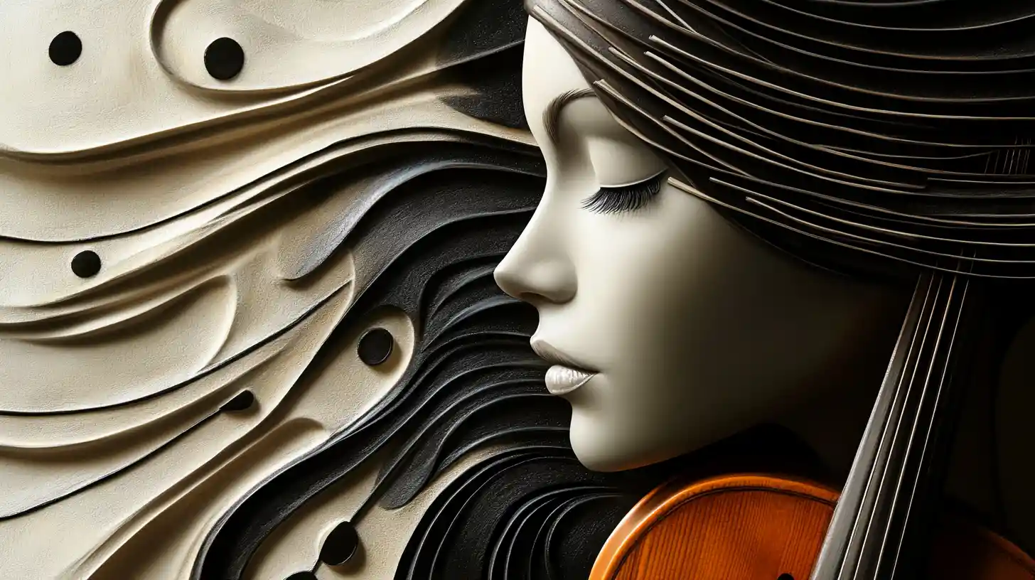 Surreal portrait formed from violins and piano key hair