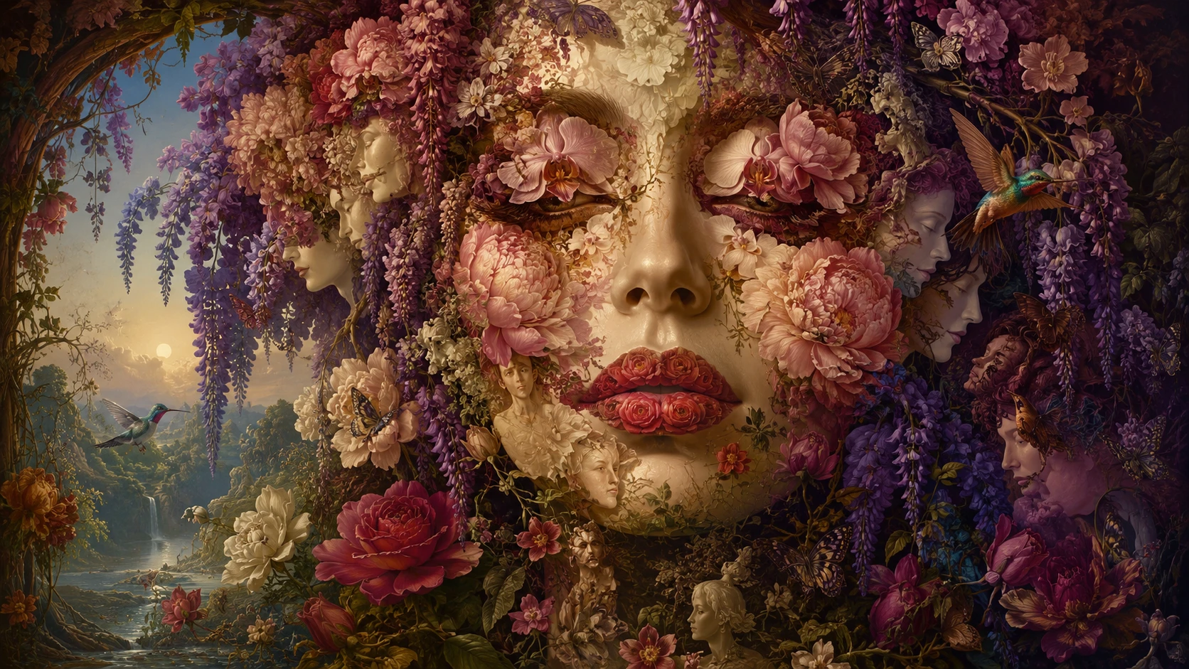 Surreales florales Porträt einer Frau aus blühenden Pflanzen