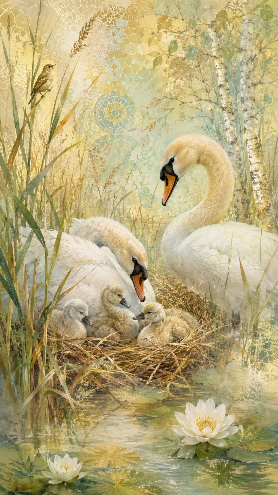 Close up of swan parents with chicks nesting in reeds