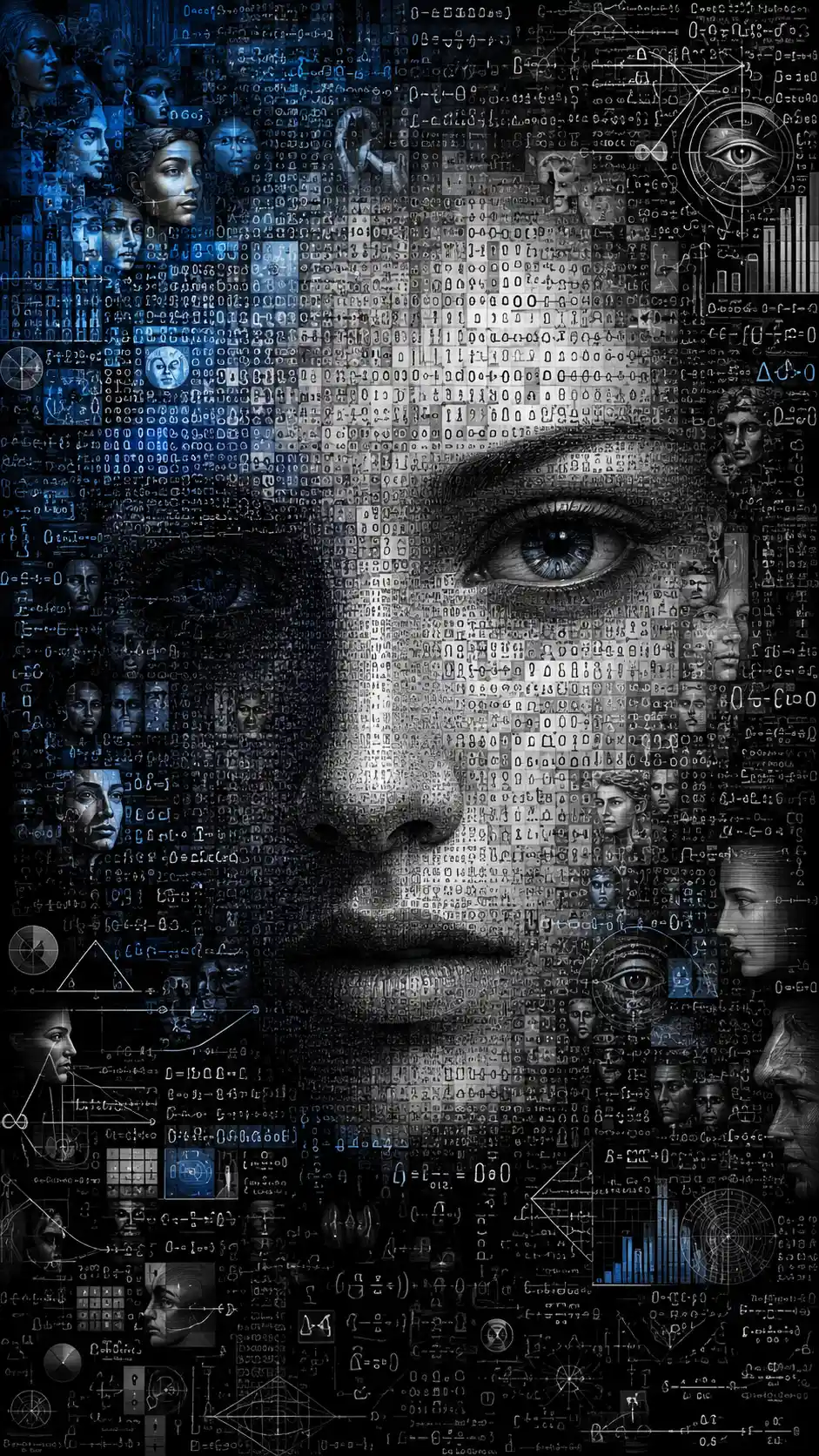 Surreal human portrait emerging from ordered digital chaos