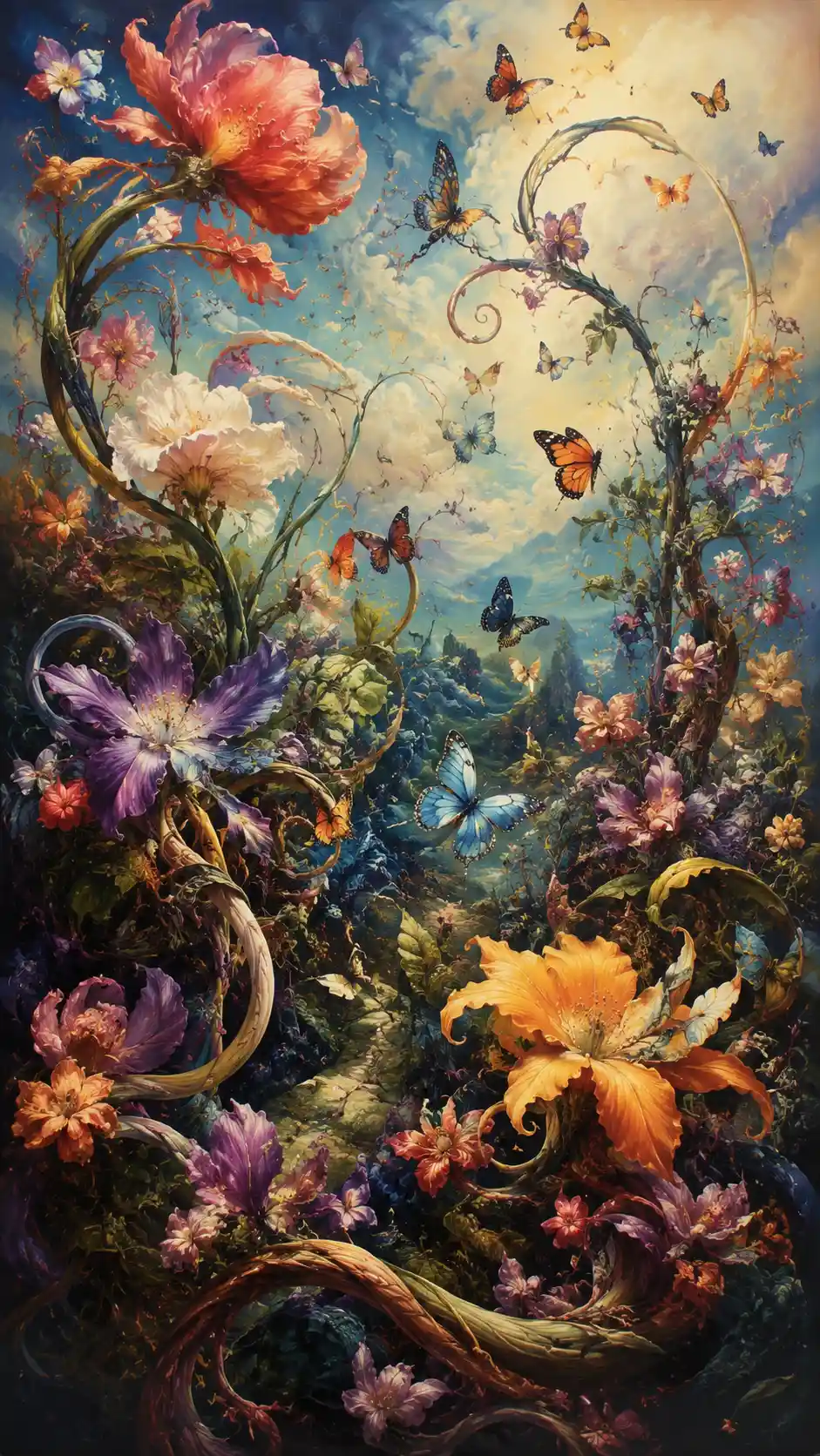 Dreamlike Fantasy Flowers With Butterflies In Rich Colors