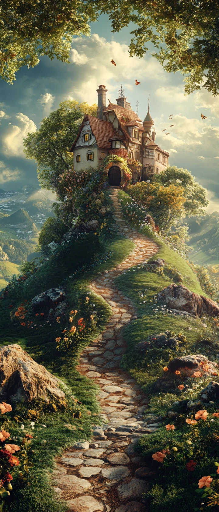 Cheerful surreal landscape with vibrant whimsical atmosphere