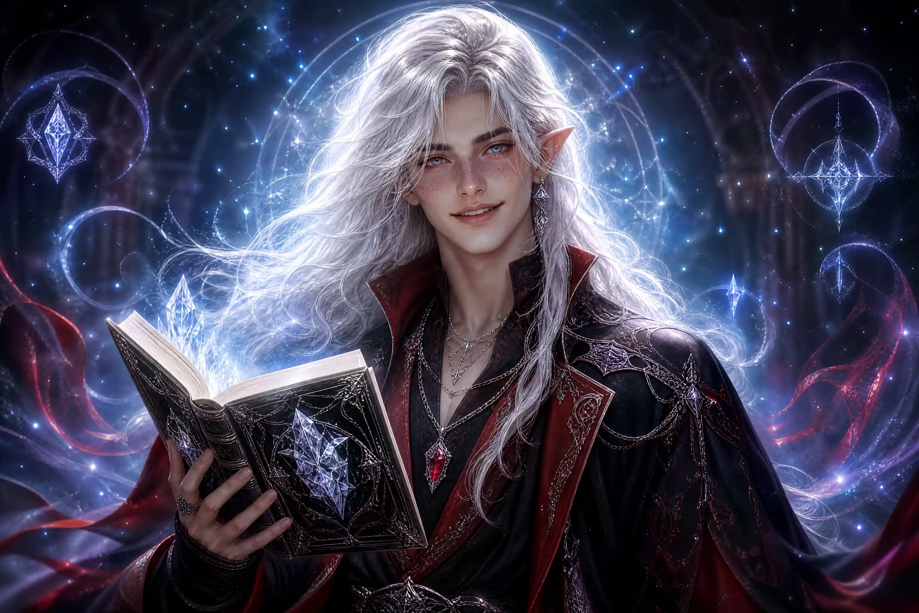 Smiling elven man with crystal book on magic background
