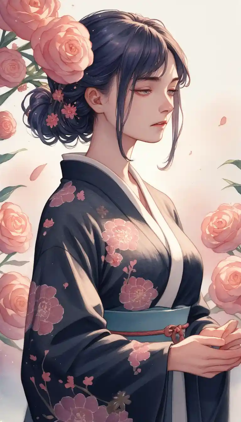 Young woman in floral black kimono bathed in golden light