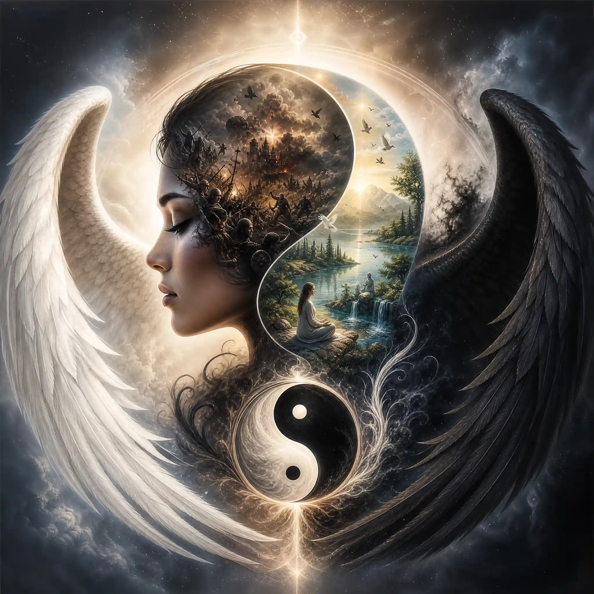 Woman double exposure portrait with yin yang wings