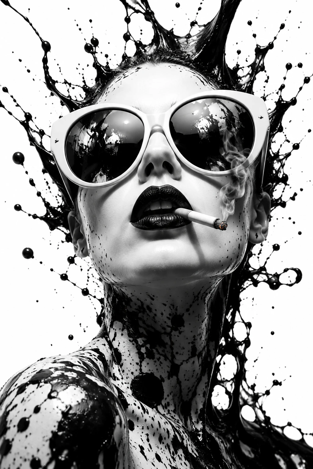 Monochrome woman portrait with ink splashes and cigarette