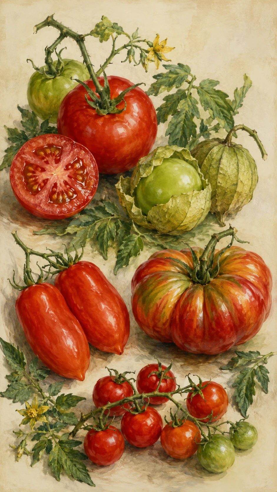 Ilustração botânica de variedades de tomate em realismo pictórico