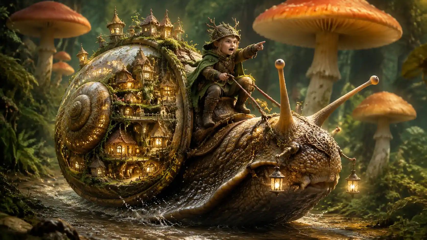 Tiny woodland guardian riding a giant snail home