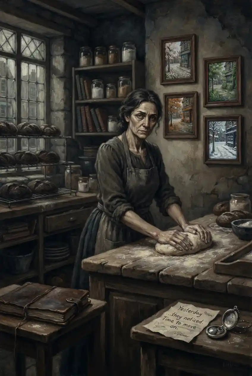 Cozy bakery painting with seasonal bread and pastry display