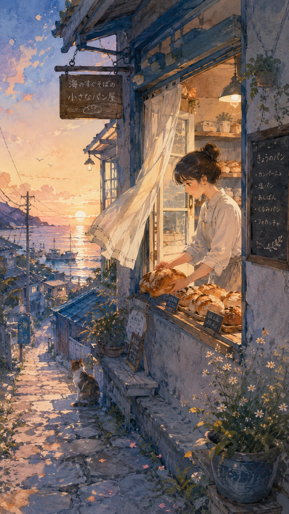 Cozy Seaside Bakery Opening In The Early Sunrise Light