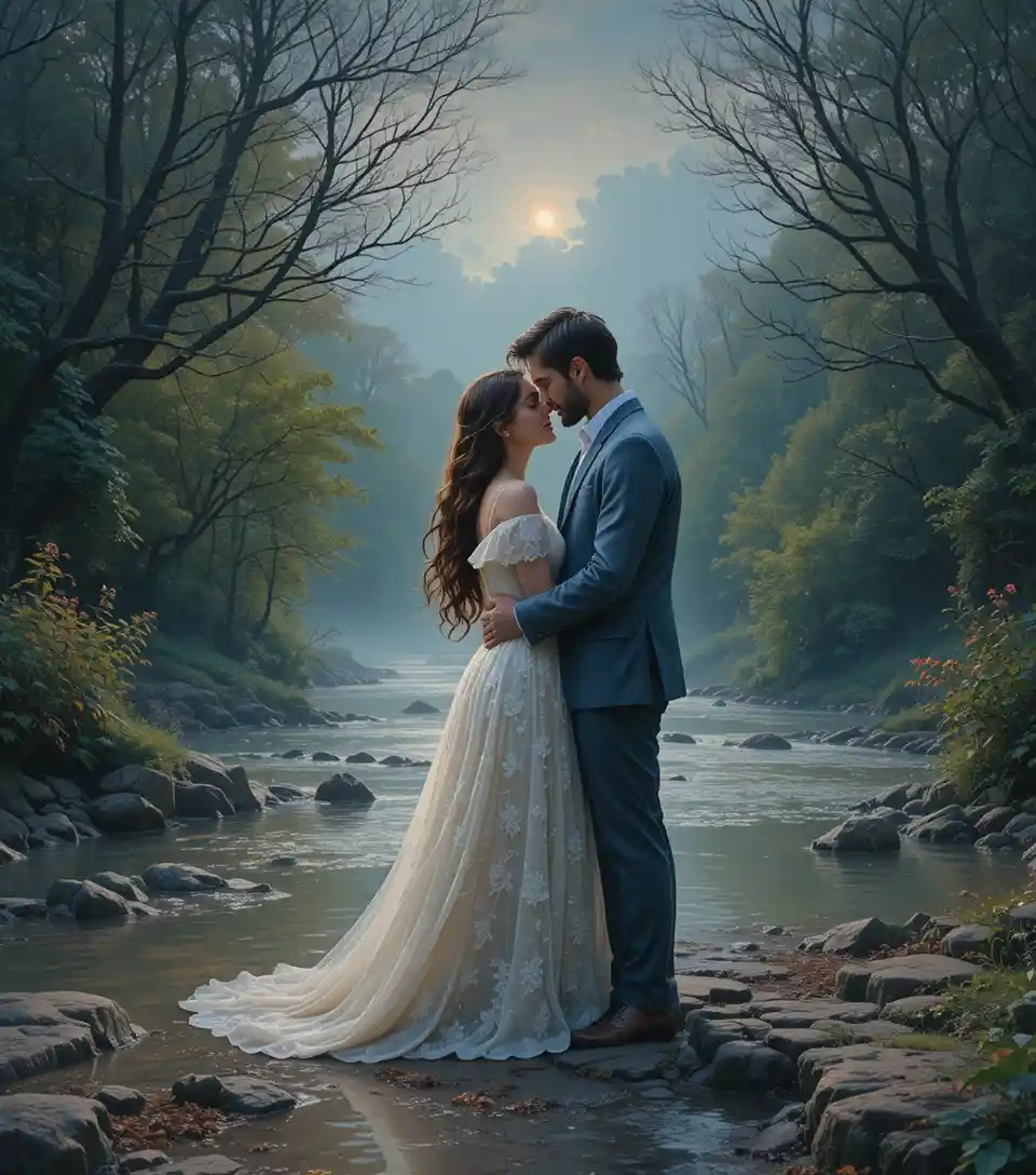 Ethereal woman by the Lagan river in romantic silence