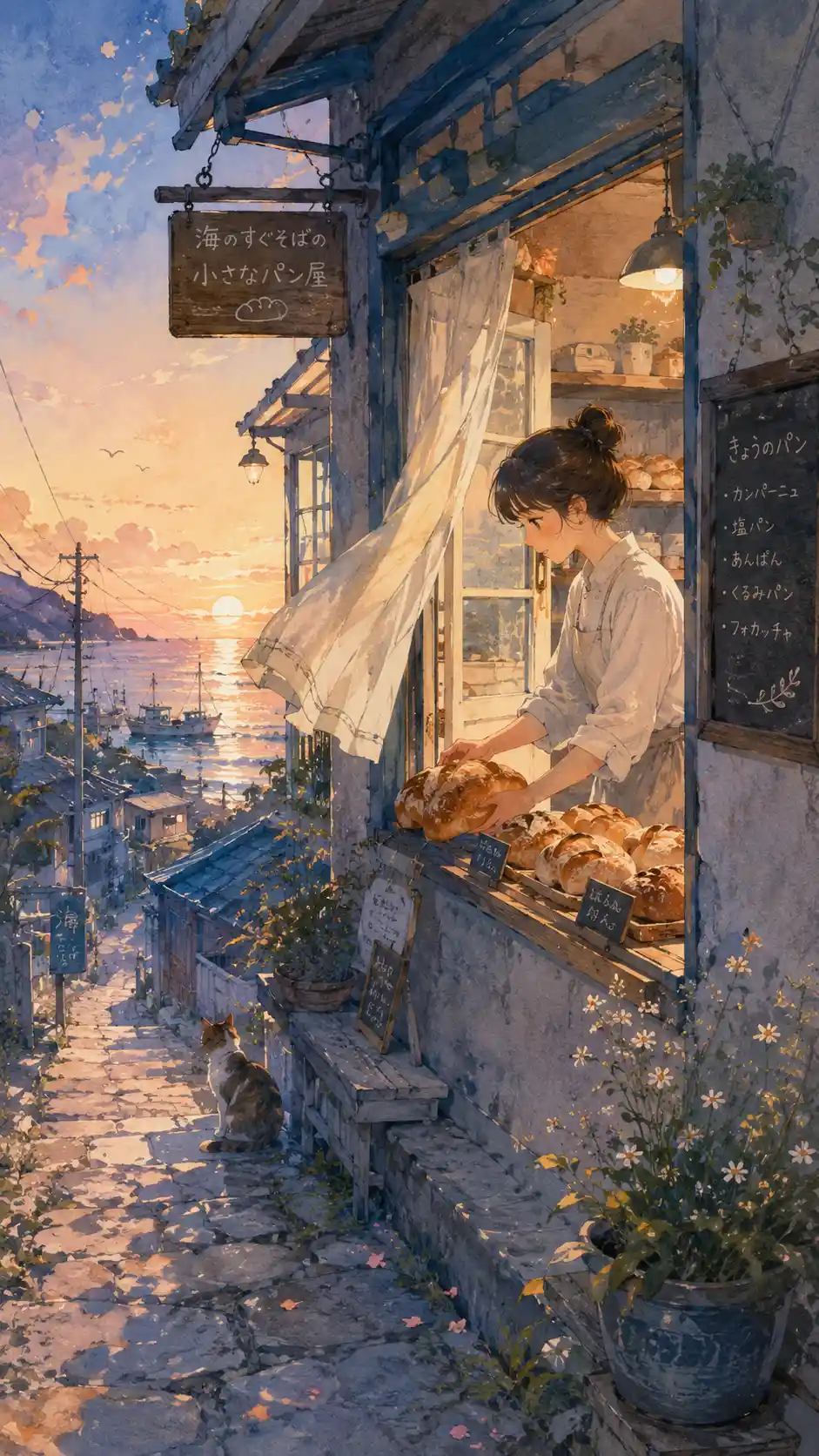 Cozy Seaside Bakery Opening In The Early Sunrise Light