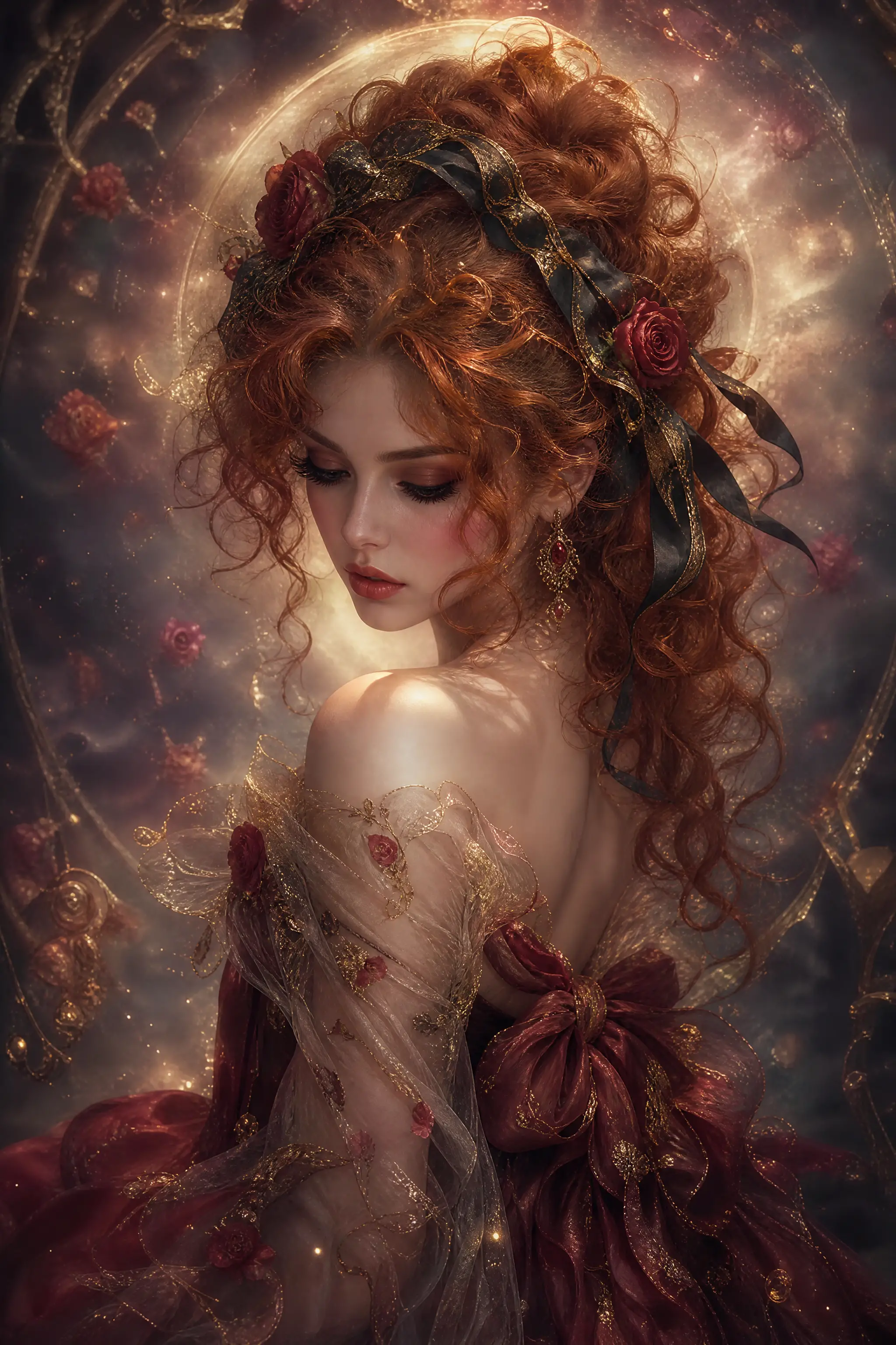Romantic portrait of a red haired woman with roses
