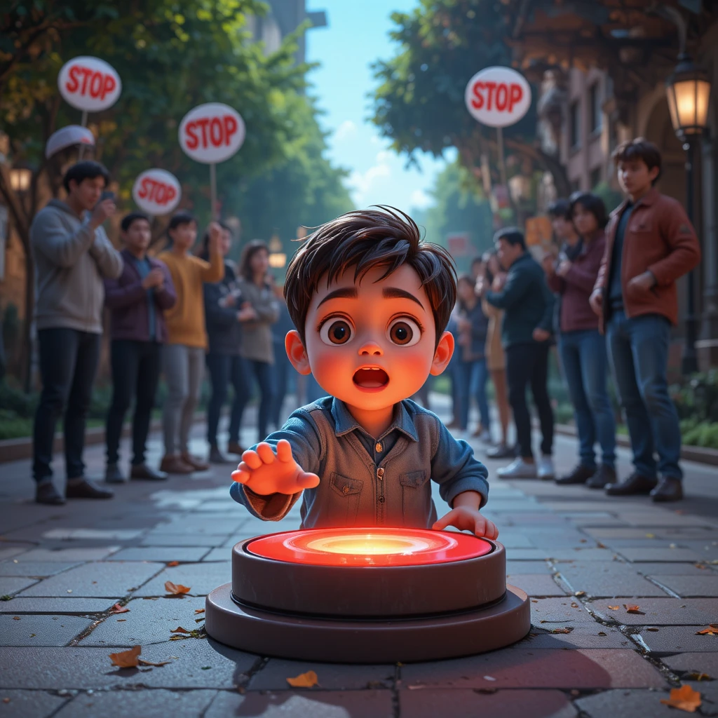 Little boy reaching for a glowing red button in park