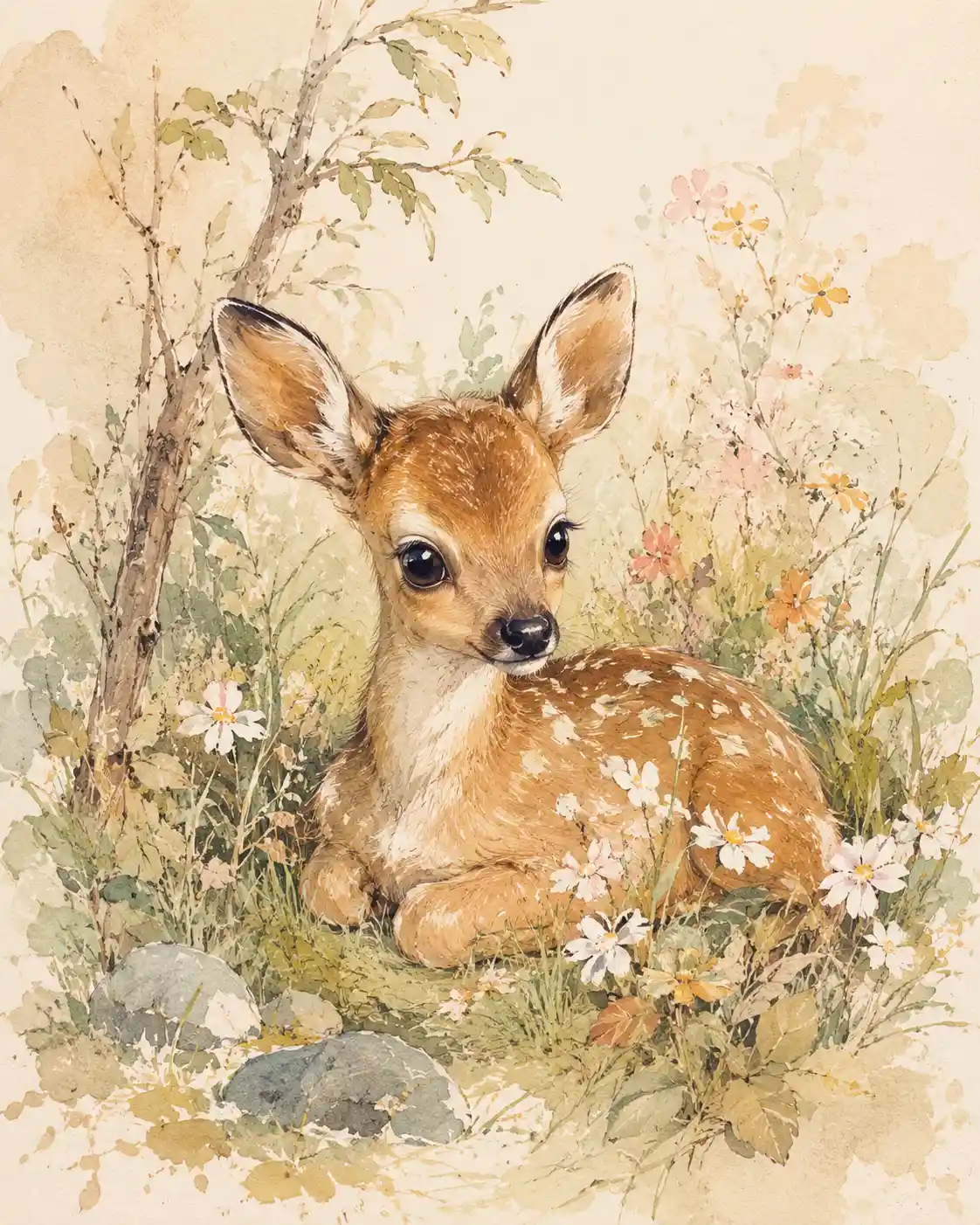 Cute baby deer sitting peacefully in a forest illustration