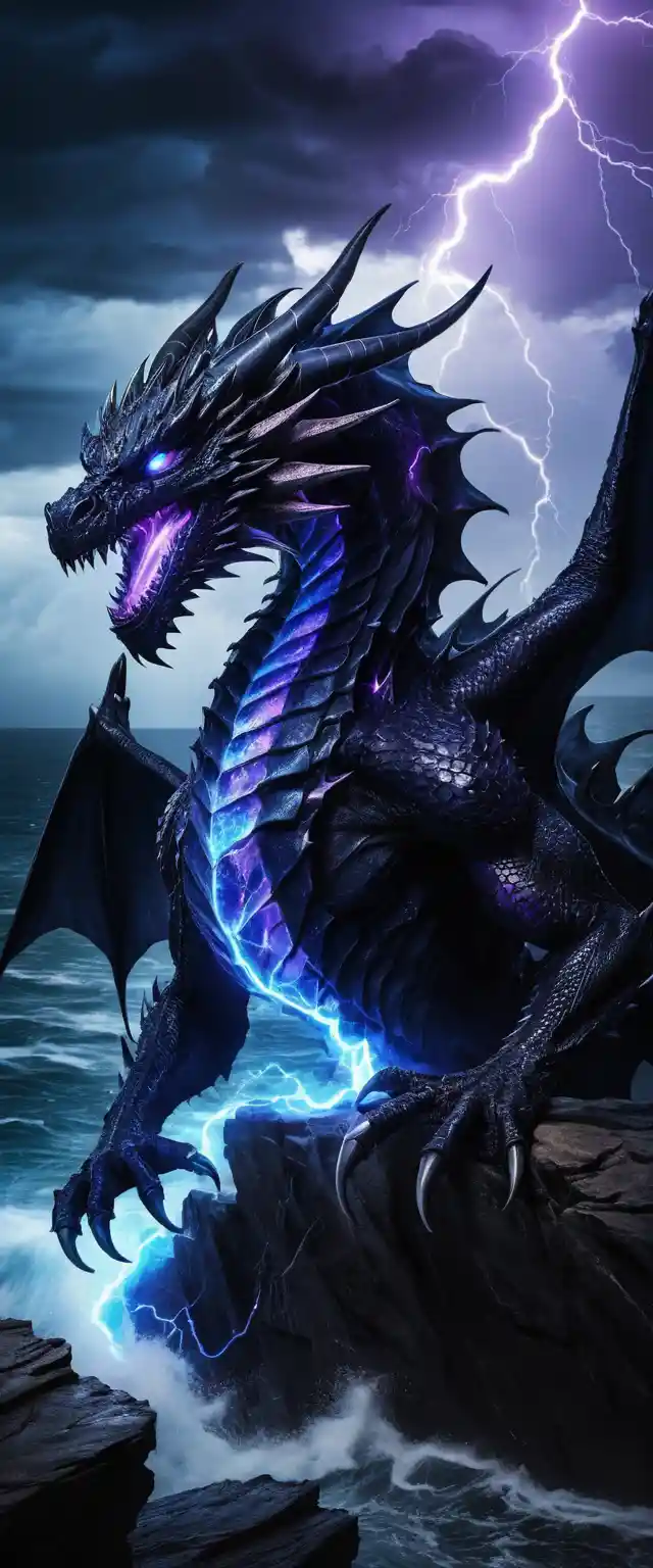 Demonic black dragon on a stormy cliff above the sea