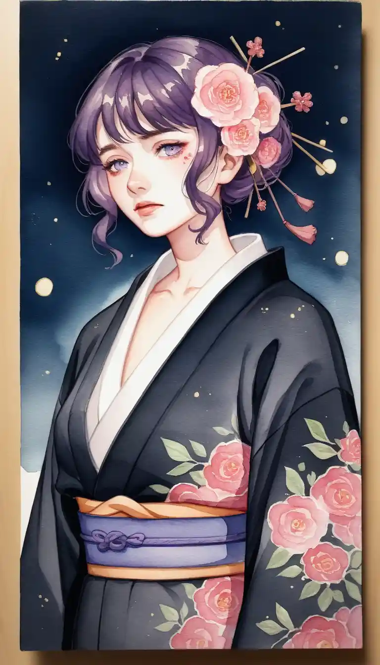 Young woman in black floral kimono in warm golden light