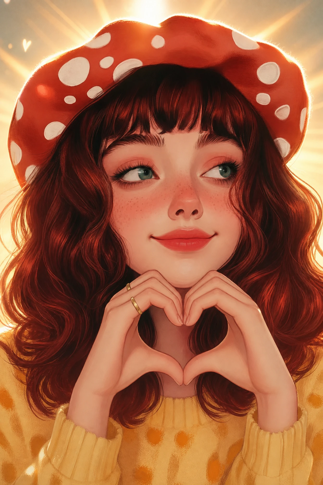 Smiling girl making a heart hand sign in sunlight