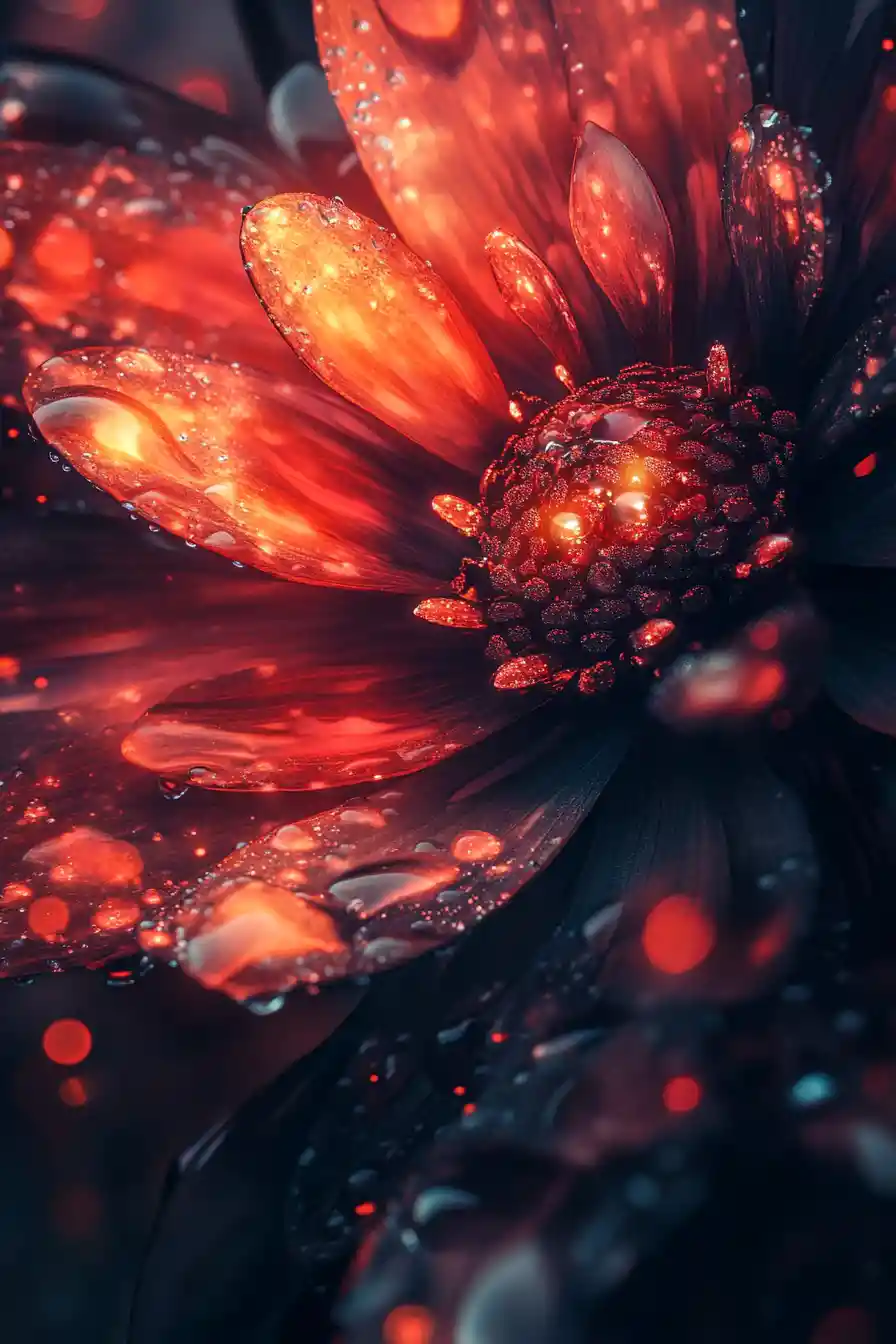Gigantic flower petals with glowing crystal raindrops