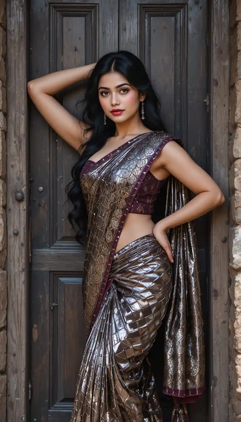Young woman in glossy saree posing by wooden doorway