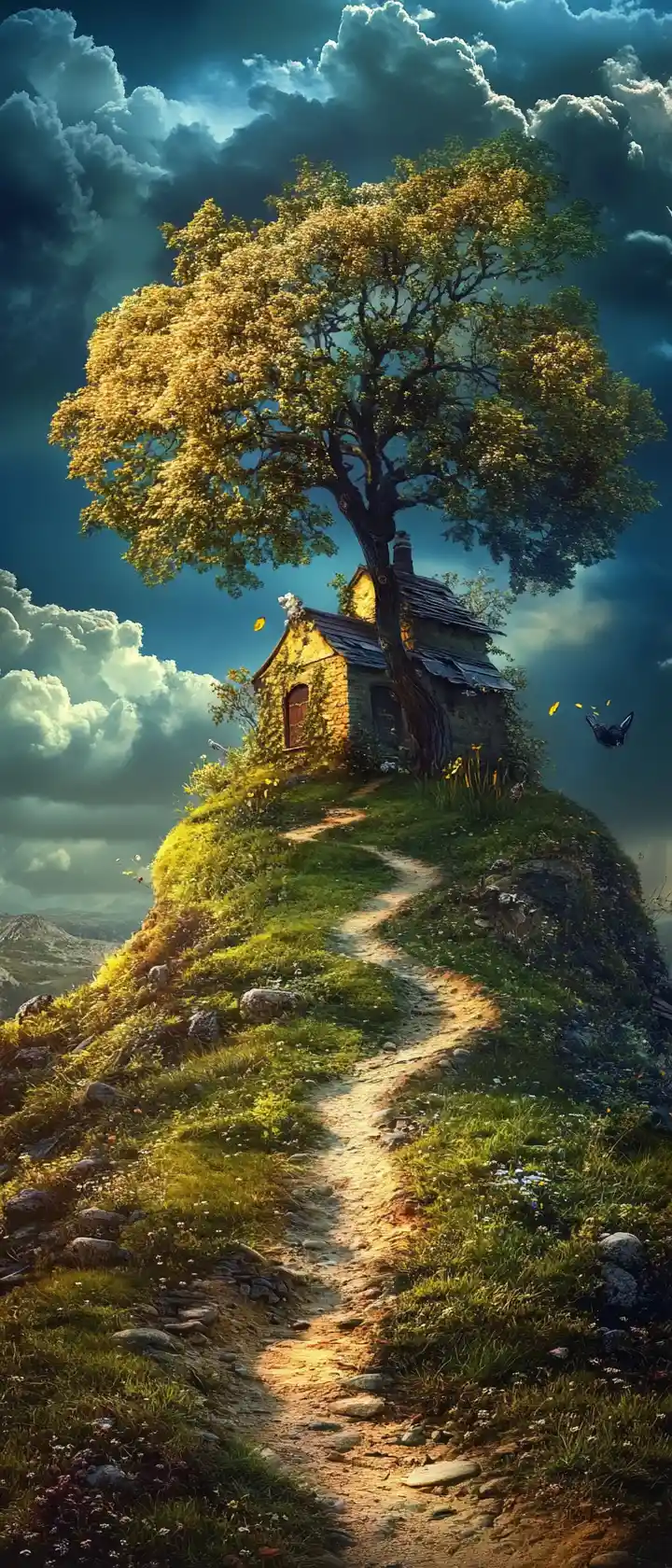 Bright surreal landscape with whimsical artistic details