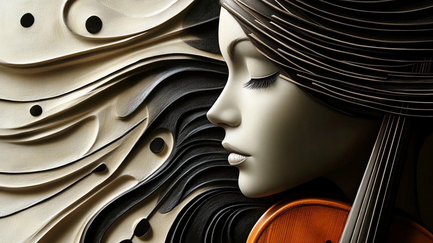 Surreal portrait formed from violins and piano key hair