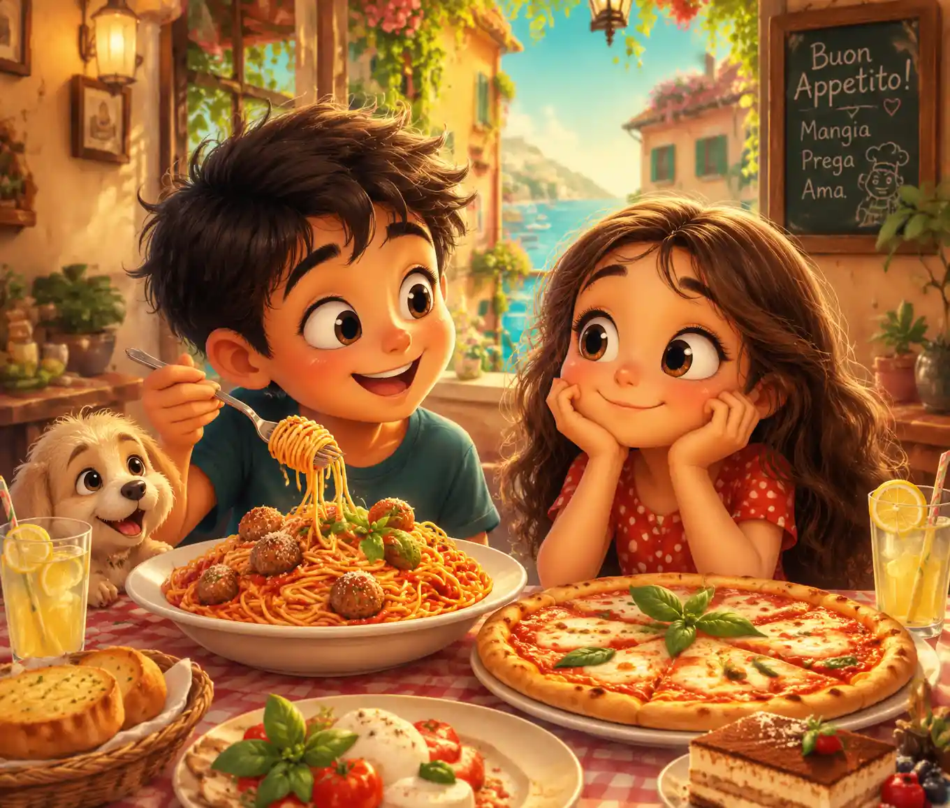 Cute kids sharing Italian dinner in playful cartoon style
