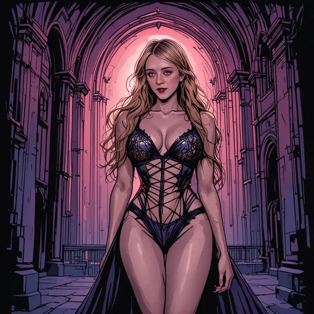 Gothic princess posing in lingerie inside grand cathedral