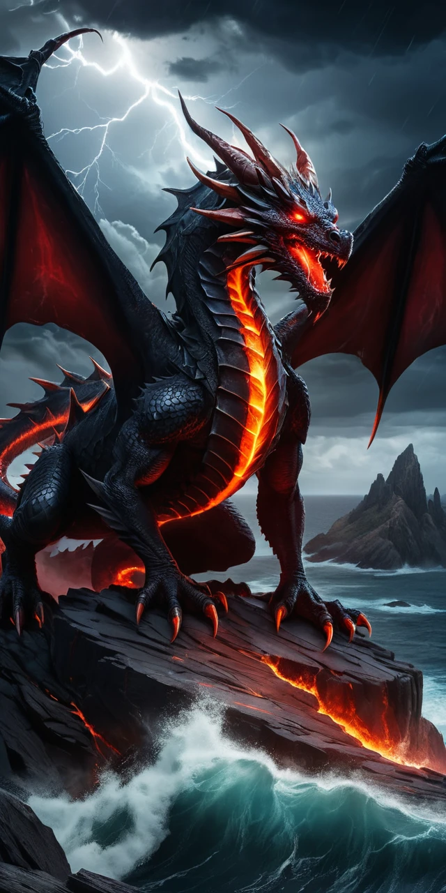 Black dragon on stormy cliff above crashing ocean