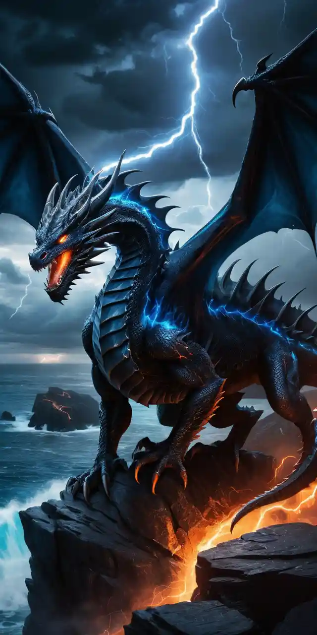 Black dragon with blue fire eyes over stormy ocean cliff