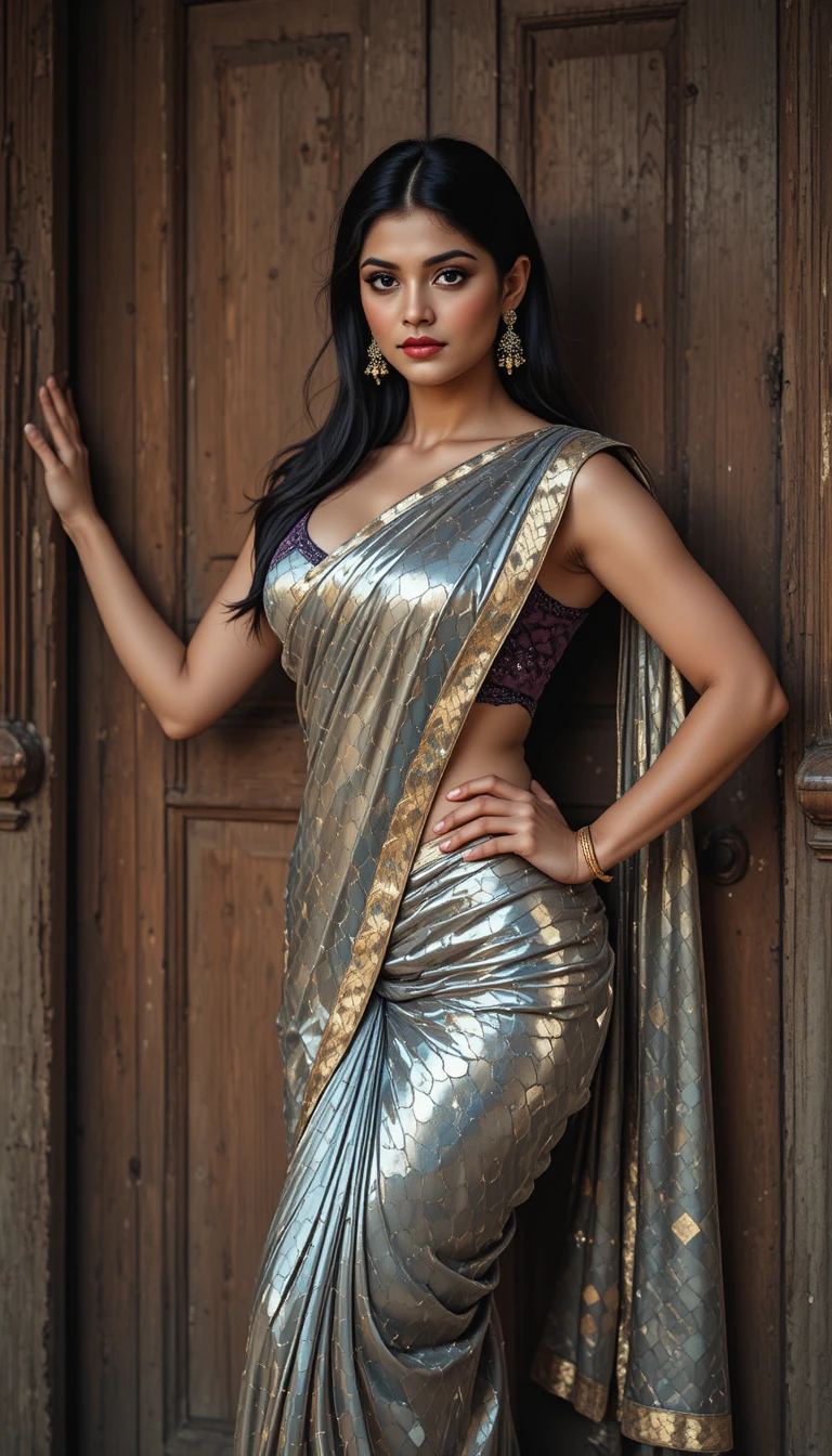 Tamil woman in glossy mirror saree full body pose