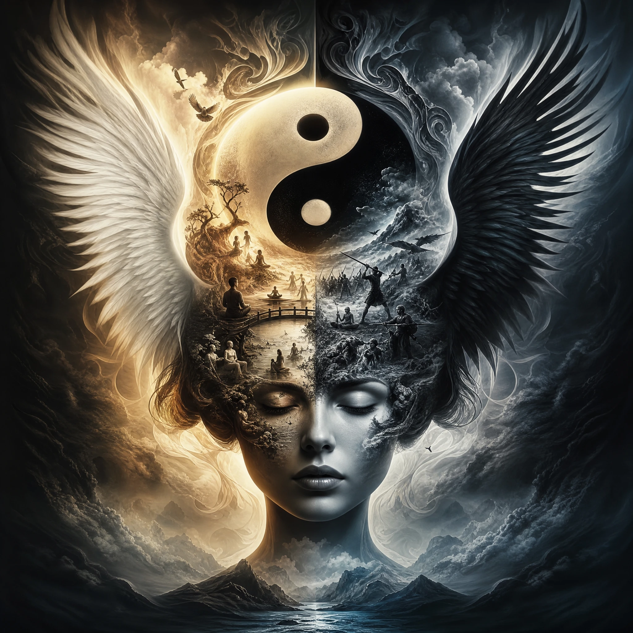 Símbolo yin yang con alas de ángel y mujer en doble exposición