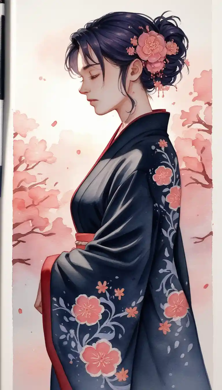 Young woman in floral kimono bathed in warm golden light