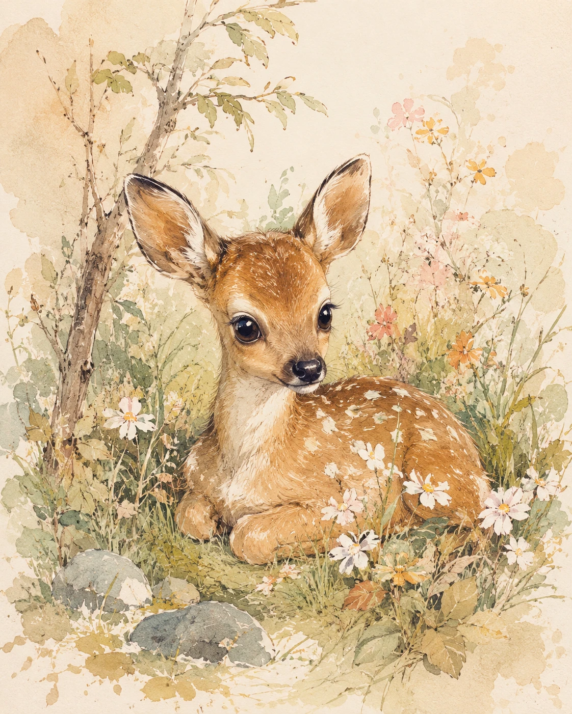 Cute baby deer sitting peacefully in a forest illustration