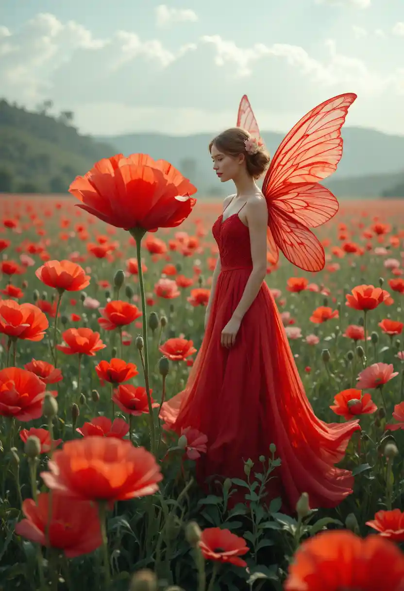 Fairy In Red Beside A Single Blooming Poppy