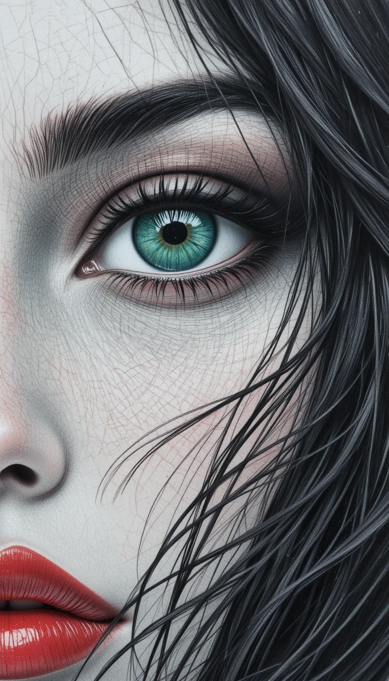 Close up pencil drawing of a woman with green eye