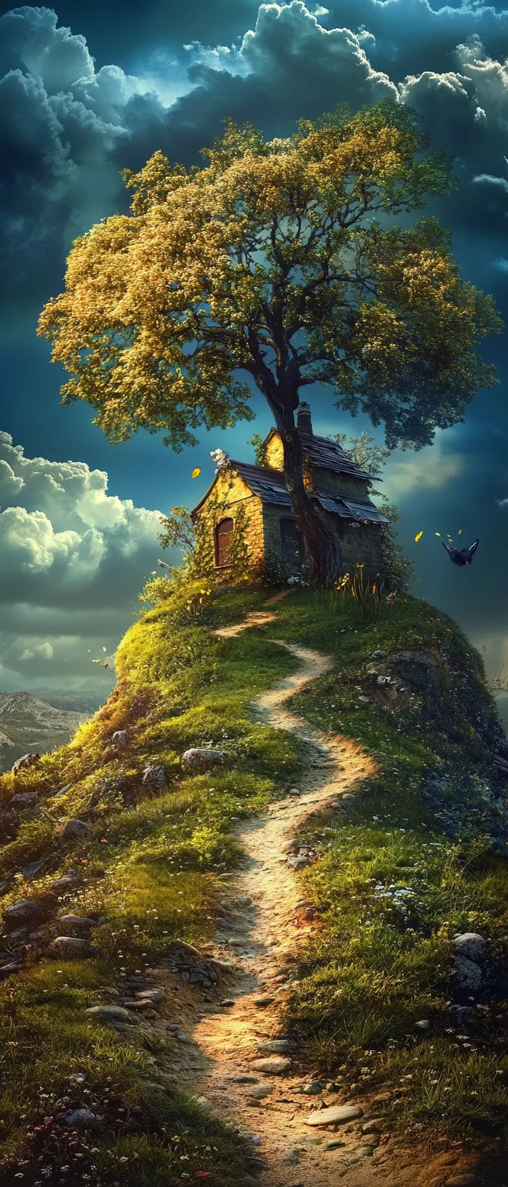Bright surreal landscape with whimsical artistic details