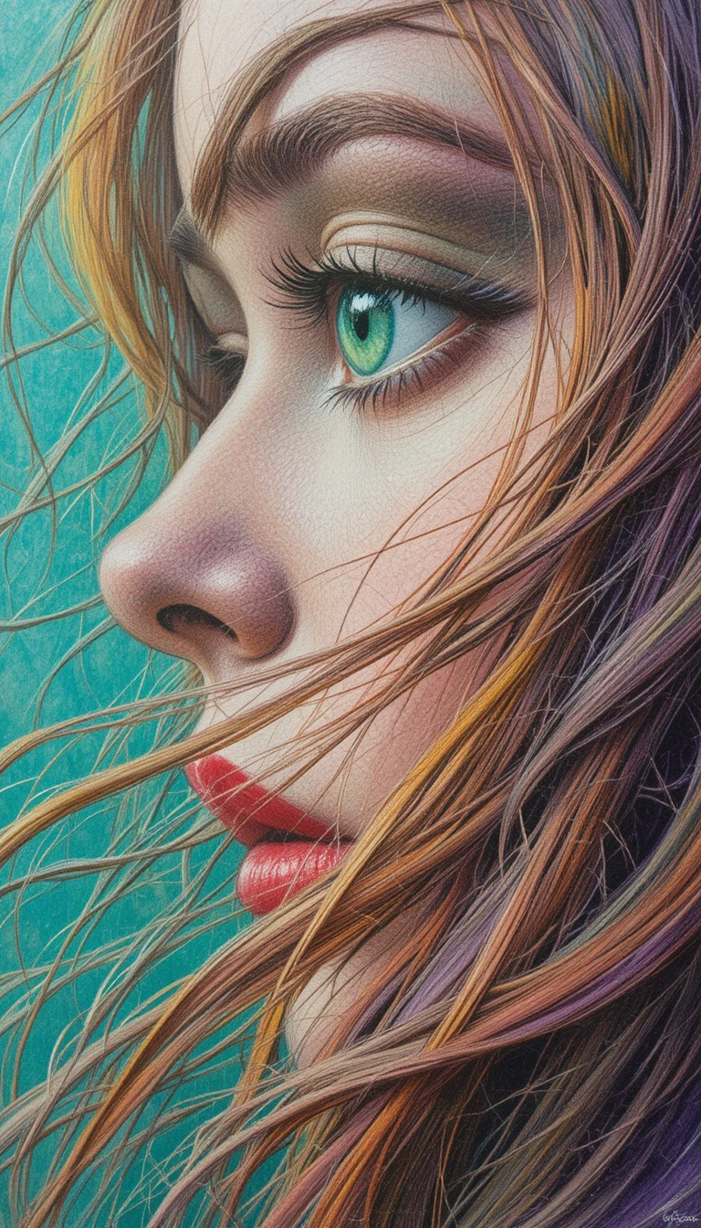 Close up pencil portrait with green eye and red lips