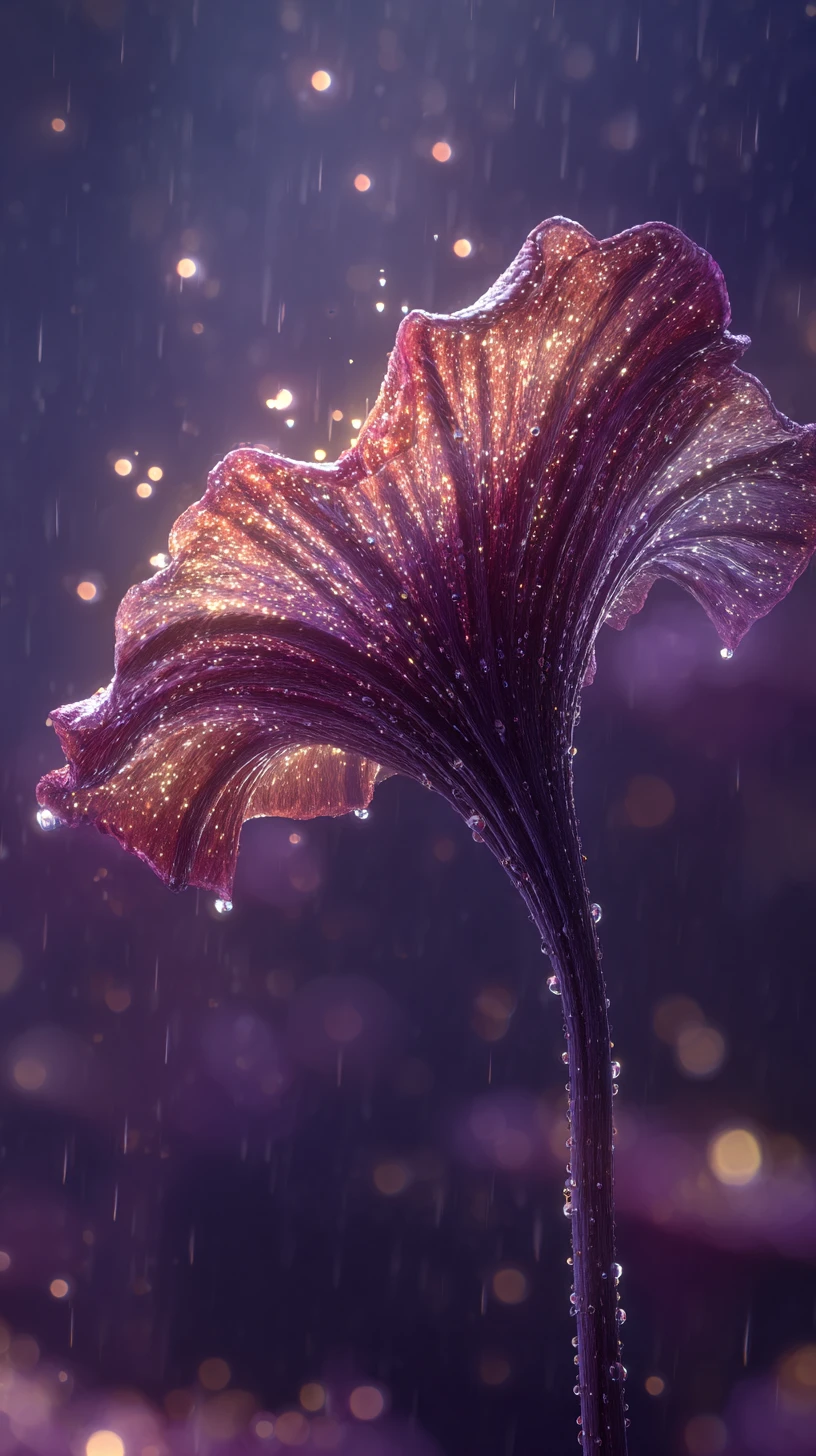 Close up of gigantic flower petals with glowing droplets
